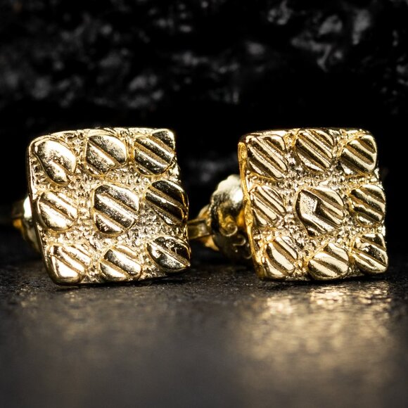 Men's Square Yellow Gold Plated 925 Sterling Silver Diamond Cut Hip Hop Earrings - Picture 1 of 5